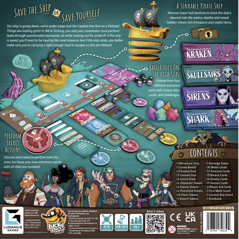 Load image into Gallery viewer, We're Sinking: A Pirate's Dilemma Board Game - back of box with overview, contents list, and images of game components. Box indicates it is for ages 10+ and 3 to 6 players.
