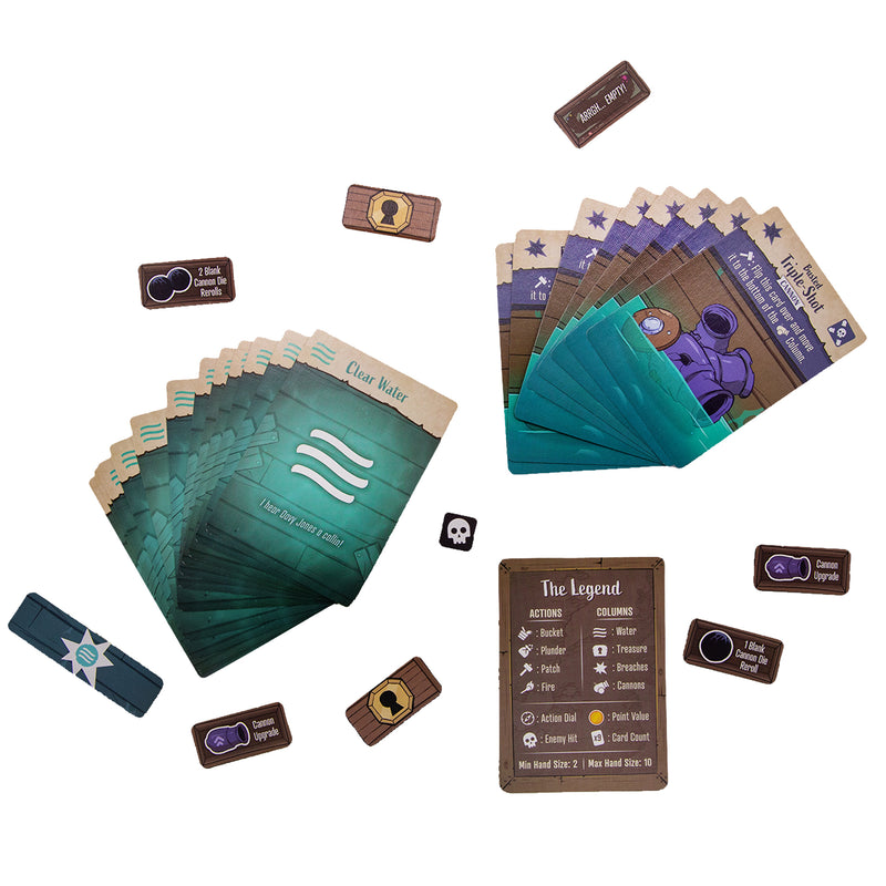 Load image into Gallery viewer, We're Sinking: A Pirate's Dilemma Board Game - sample components shown including clear water cards, reference card, cannon cards, and game tokens.
