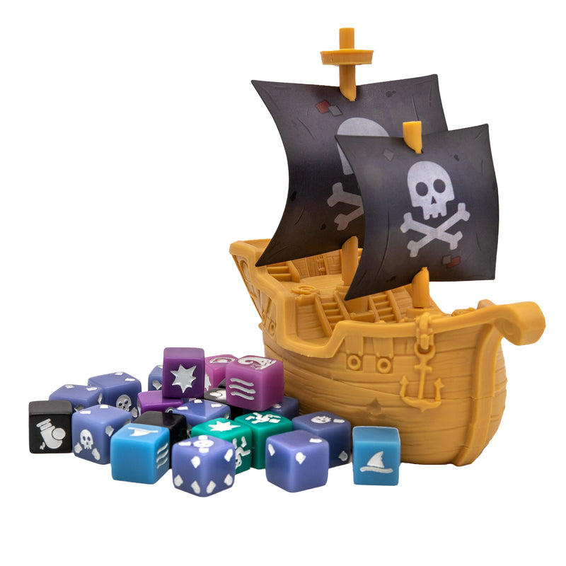 Load image into Gallery viewer, We're Sinking: A Pirate's Dilemma Board Game - plastic miniature ship, enemy dice, and cannon dice shown. 

