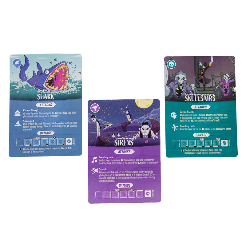 Load image into Gallery viewer, We're Sinking: A Pirate's Dilemma Board Game - sample enemy cards with different attacks and damage dice values shown. 
