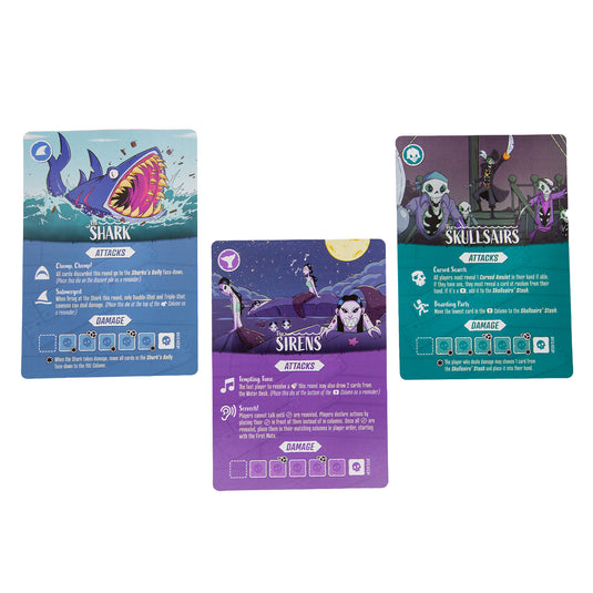 We're Sinking: A Pirate's Dilemma Board Game - sample enemy cards with different attacks and damage dice values shown. 