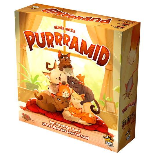 Purrramid Board Game - front of box featuring art of cats.
