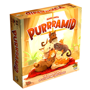 Purrramid Board Game - front of box featuring art of cats.