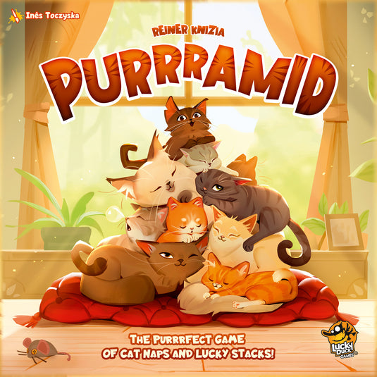 Purrramid Board Game - front of box featuring art of cats.