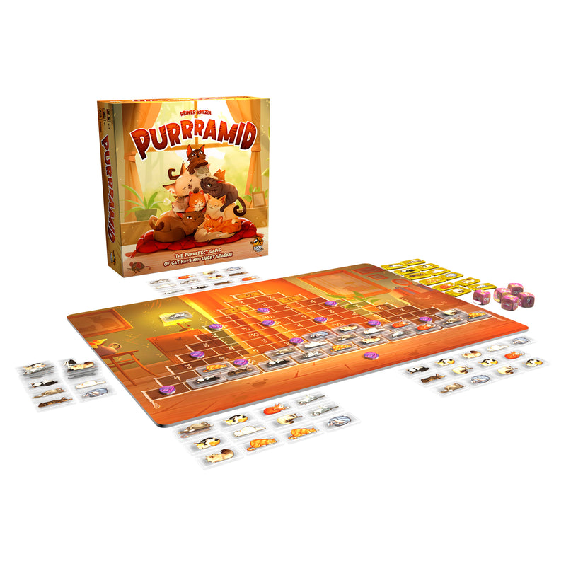 Load image into Gallery viewer, Purrramid Board Game - box and contents displayed including game board, tokens, and tiles.
