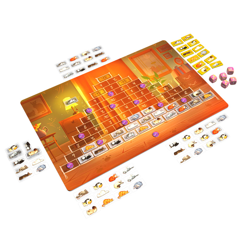 Load image into Gallery viewer, Purrramid Board Game - view of setup game including game board and cat tiles.
