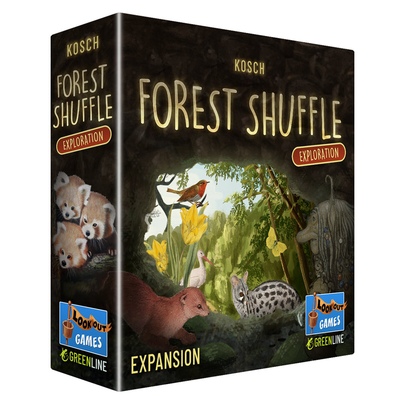 Load image into Gallery viewer, Forest Shuffle: Exploration Expansion - front of box featuring illustrations of trees and animals.
