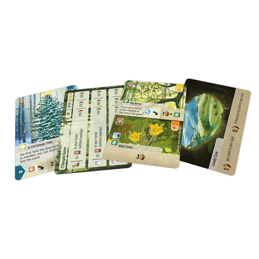 Forest Shuffle: Exploration Expansion - view of sample cards with different nature themed illustrations.