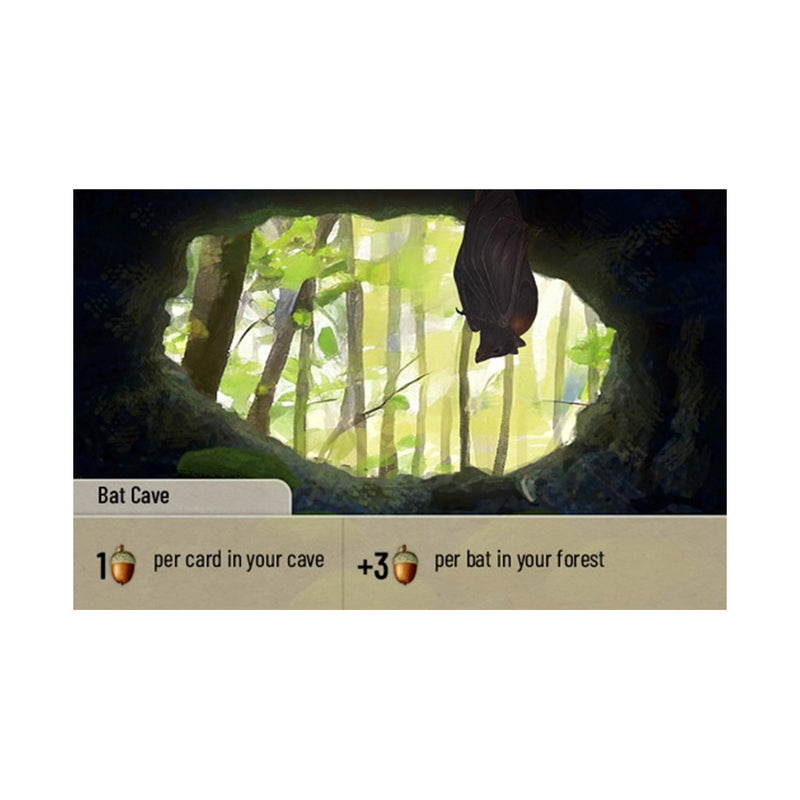 Load image into Gallery viewer, Forest Shuffle: Exploration Expansion - view of bat cave card featuring illustration of a bat in a cave, and listing different acorn values. 
