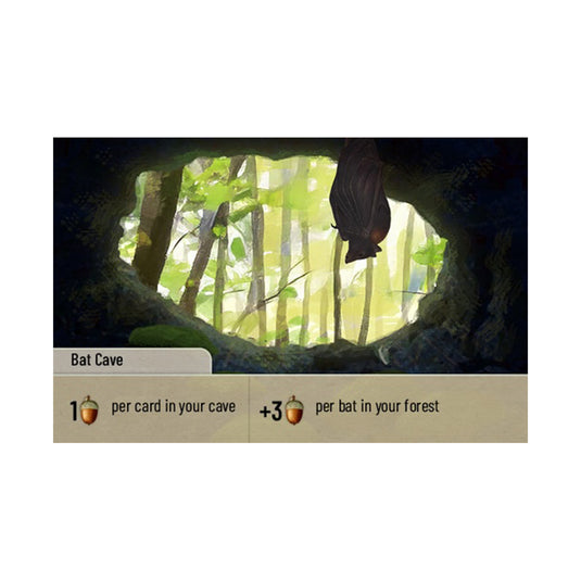 Forest Shuffle: Exploration Expansion - view of bat cave card featuring illustration of a bat in a cave, and listing different acorn values. 