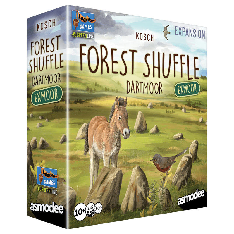 Load image into Gallery viewer, Forest Shuffle Dartmoor - Exmoor Expansion - Front of box with art of wildlife scene and asmodee logo. 
