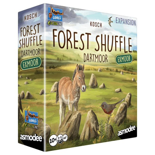Forest Shuffle Dartmoor - Exmoor Expansion - Front of box with art of wildlife scene and asmodee logo. 