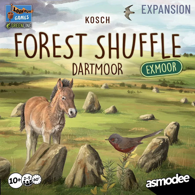 Load image into Gallery viewer, Forest Shuffle Dartmoor - Exmoor Expansion - Front of box with art of wildlife scene and asmodee logo. 
