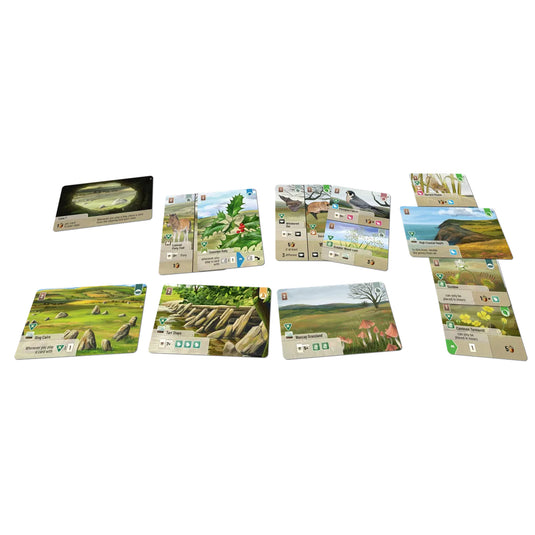 Forest Shuffle Dartmoor - Exmoor Expansion - sample game components shown including habitat and plant cards. 