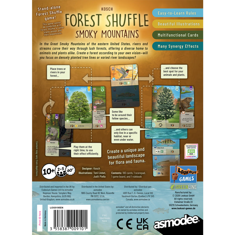 Load image into Gallery viewer, Forest Shuffle Smoky Mountains - Back of box with game overview, contents list, and images of sample cards. 
