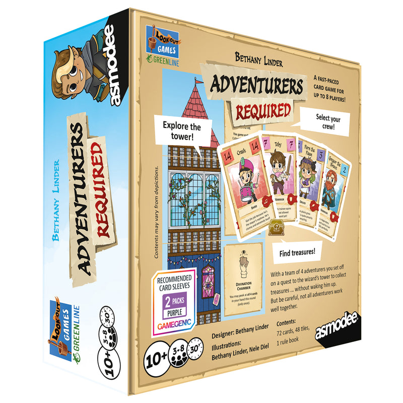 Load image into Gallery viewer, Adventurers Required Board Game - Back of box with game overview, contents list, and images of sample cards. Box lists game is for ages 10+ and 3 to 8 players.
