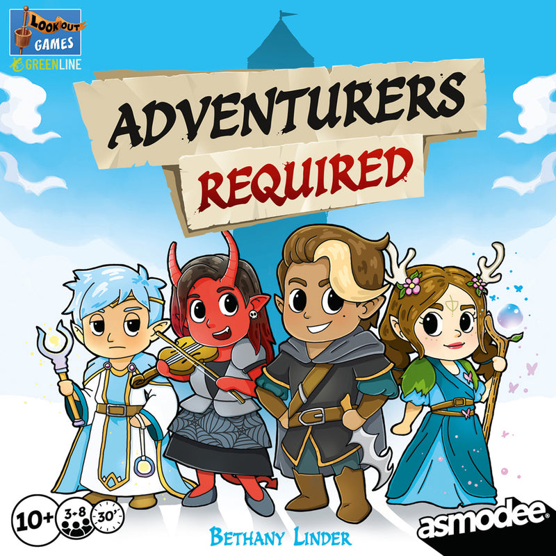 Load image into Gallery viewer, Adventurers Required Board Game - Front of box featuring illustrations of different adventurer characters standing in front of a tower. 
