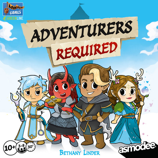 Adventurers Required Board Game - Front of box featuring illustrations of different adventurer characters standing in front of a tower. 
