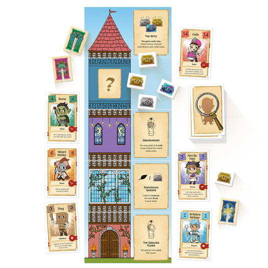 Adventurers Required Board Game - Setup game shown including tower game board, character cards, and treasure tokens. 