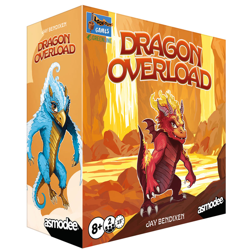 Load image into Gallery viewer, Dragon Overload Board Game - Front of box with art of a red dragon standing next to lava. Box lists game is for ages 8+ and 2 players. 
