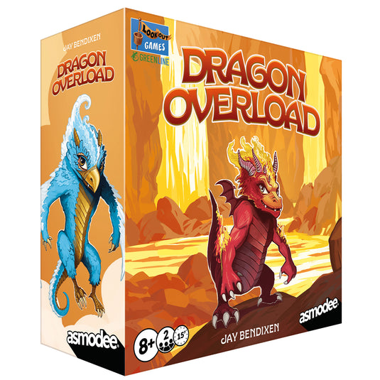 Dragon Overload Board Game - Front of box with art of a red dragon standing next to lava. Box lists game is for ages 8+ and 2 players. 