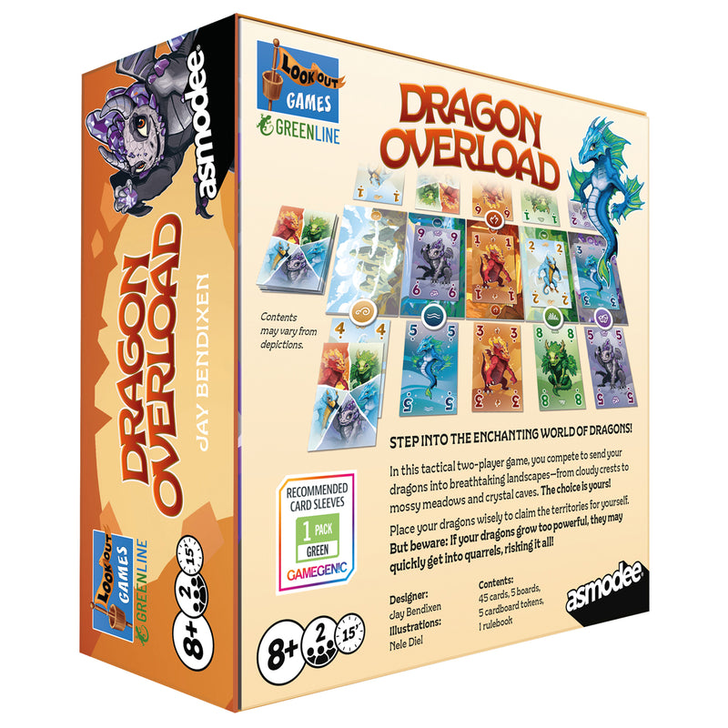 Load image into Gallery viewer, Dragon Overload Board Game - Back of box with game overview, contents list, asmodee logo, and images of game cards. 
