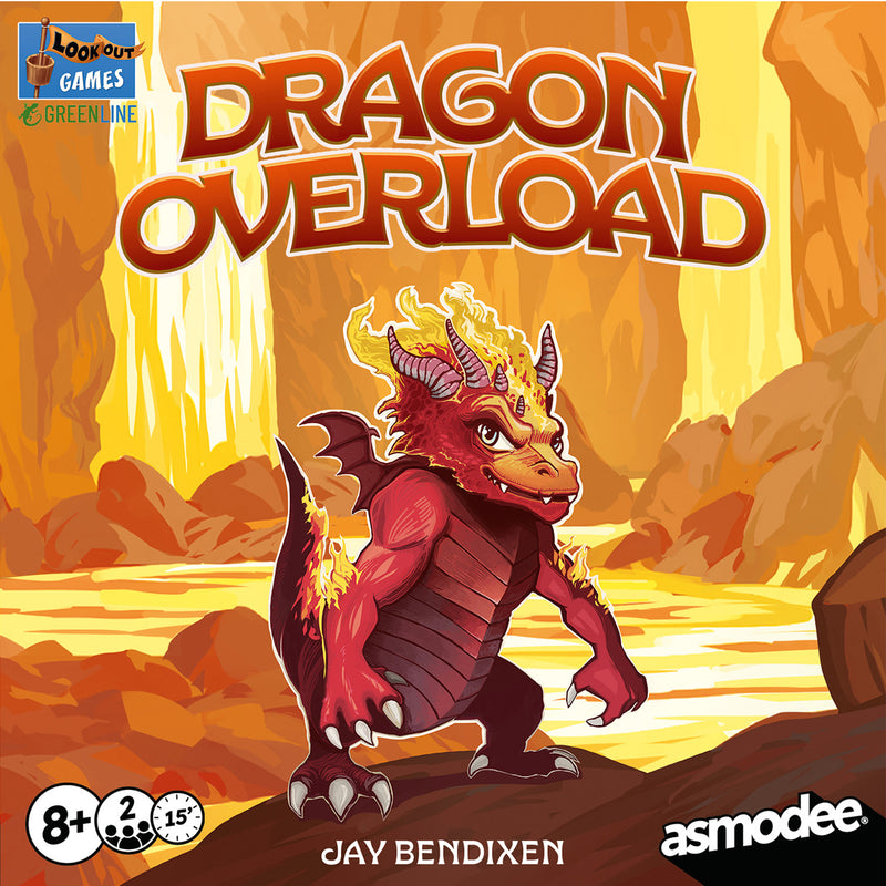 Load image into Gallery viewer, Dragon Overload Board Game - Front of box with art of a red dragon standing next to lava. Box lists game is for ages 8+ and 2 players. 
