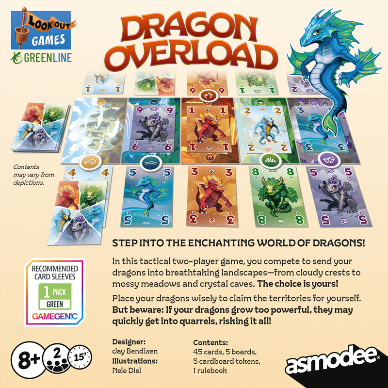 Load image into Gallery viewer, Dragon Overload Board Game - Back of box with game overview, contents list, asmodee logo, and images of game cards. 
