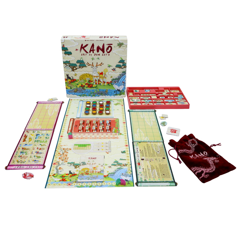 Load image into Gallery viewer, Kano Board Game - Box and game contents displayed including player boards, game board, paint pots, and draw bag. 
