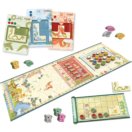 Kano Board Game - Sample components shown including paint pots, fan tokens in a variety of colors, and game board. 