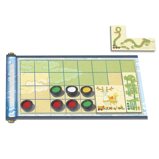 Kano Board Game - View of player board with grid design shown with tiles and paint pots on top of board. 