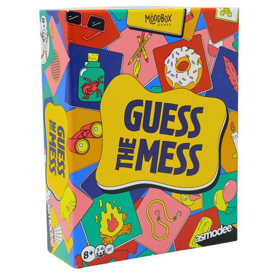 Guess The Mess Party Game - Front of box with colorful illustrations of various items such as sunglasses, balloons, and a donut. Box indicates it is for ages 8+ and 3 to 6 players.