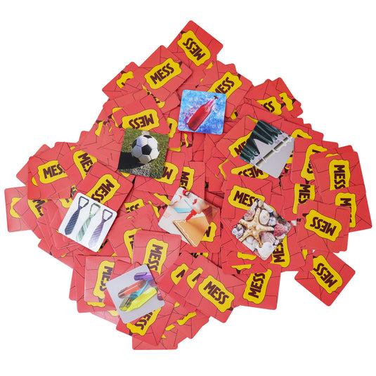 Guess The Mess Party Game - pile of mess cards with some sample items shown including a soccer ball card, and ties card.