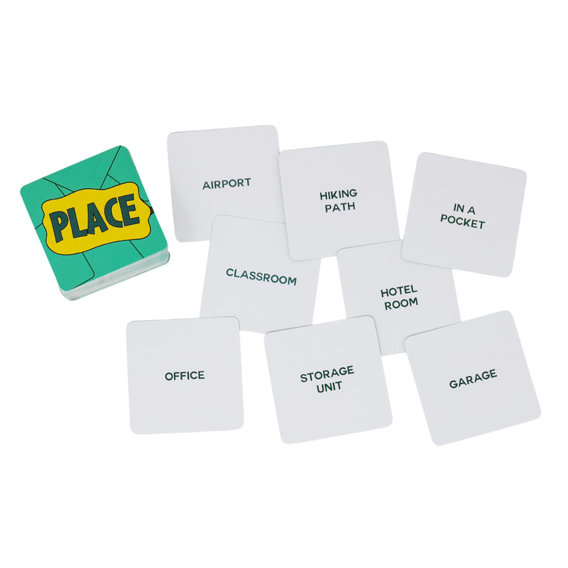 Load image into Gallery viewer, Guess The Mess Party Game - Sample place cards shown including Office card, Storage Unit card, and Garage card. 

