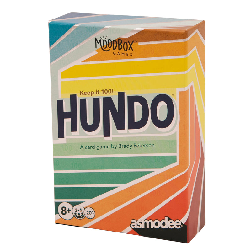Load image into Gallery viewer, Hundo Card Game - Front of box with title in black and colorful stripes. Box lists game is for ages 8+ and 2 to 6 players.

