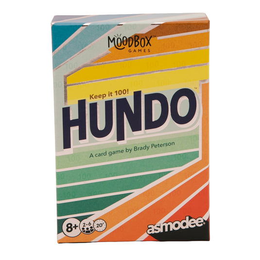 Hundo Card Game - Front of box with title in black and colorful stripes. Box lists game is for ages 8+ and 2 to 6 players.