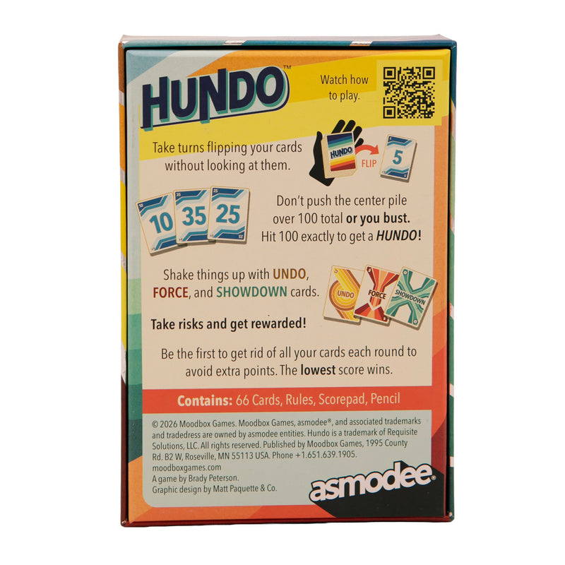 Load image into Gallery viewer, Hundo Card Game - Back of box with game description, contents list, and images of sample game cards. QR code links to how to play video.

