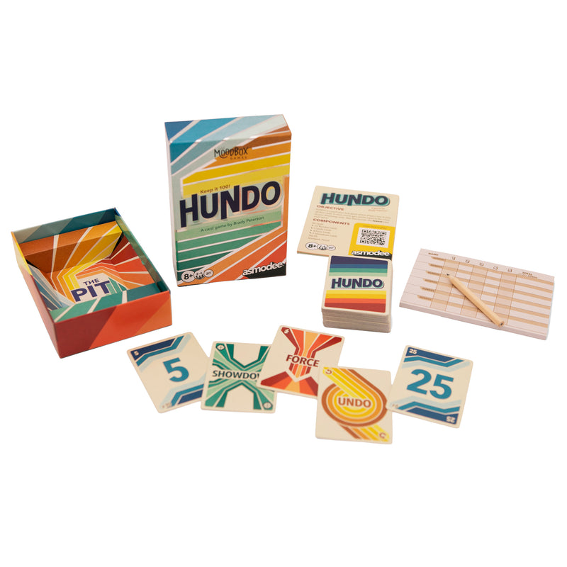 Load image into Gallery viewer, Hundo Card Game - Box and sample components shown including score sheet, rulebook, and number cards.
