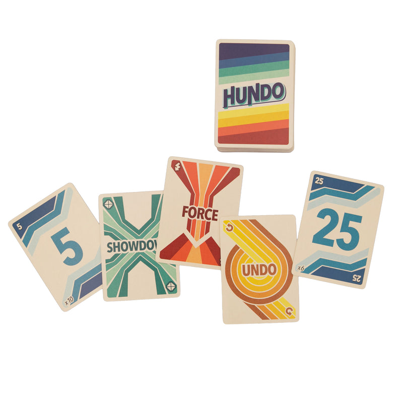 Load image into Gallery viewer, Hundo Card Game - Sample cards shown including number cards, force card, and undo card. 
