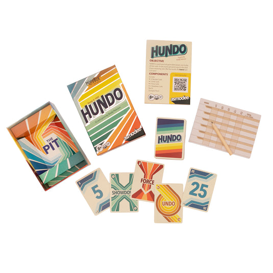 Hundo Card Game - Box and sample components shown including score sheet, rulebook, and number cards.
