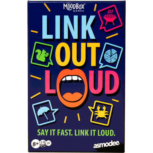 Link Out Loud Party Game - Front of box with illustrations of items in speech bubbles including a crab, umbrella, and pizza. Box indicates it is for ages 8+ and 2 to 8 players. 