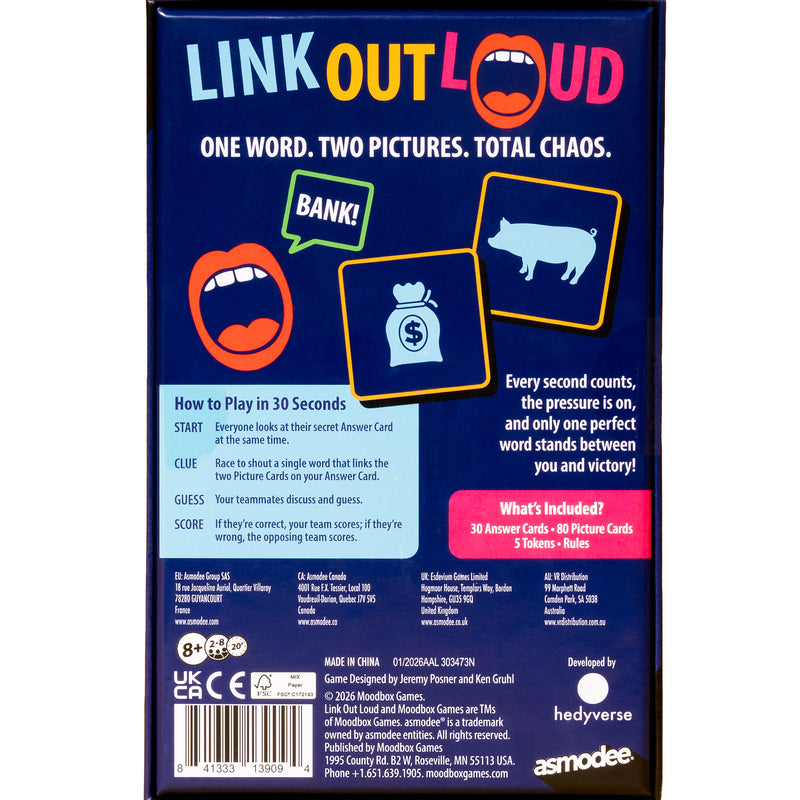 Load image into Gallery viewer, Link Out Loud Party Game - back of box with how to play instructions, contents list, and images of a money bag and pig cards with a mouth shouting out 'Bank' to link them.
