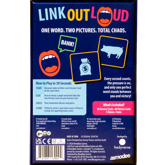 Link Out Loud Party Game - back of box with how to play instructions, contents list, and images of a money bag and pig cards with a mouth shouting out 'Bank' to link them.