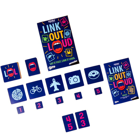 Link Out Loud Party Game - box and sample game components shown including item cards, number tokens, and rules book. 