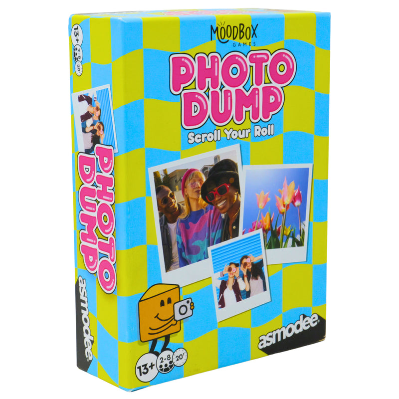 Load image into Gallery viewer, Photo Dump Party Game - Front of box with photos shown on top of blue and yellow squares. Box indicates it is for ages 13+ and 2 to 8 players. 
