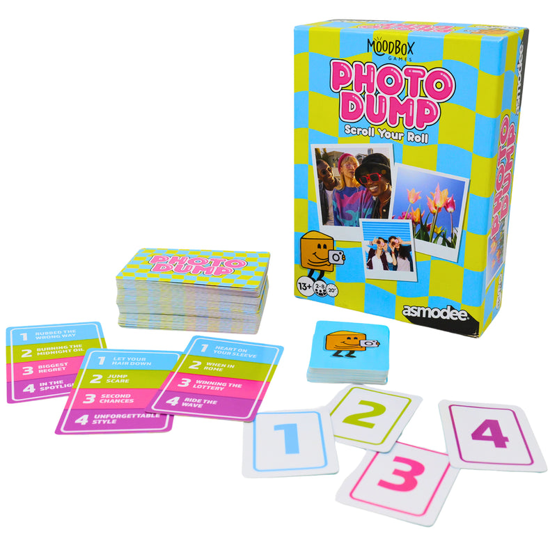 Load image into Gallery viewer, Photo Dump Party Game - box and game cards shown including number cards, and photo dump cards with four different topics on each card.
