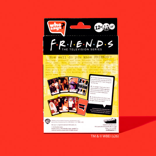 Who Says? Friends - Back of packaging with game overview and images of game cards with quotes from Friends. 
