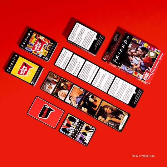 Who Says? Friends - Box and sample cards shown including character cards, quotes cards, and Fake! card.