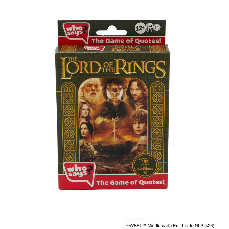 Load image into Gallery viewer, Who Says? Lord of the Rings Trivia Game - Front of box featuring images of Lord of the Rings characters. Box lists game is for ages 12+ and 1 to 4 players.
