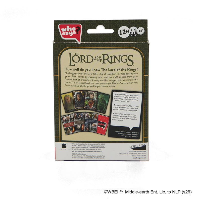 Load image into Gallery viewer, Who Says? Lord of the Rings Trivia Game - Back of box with game description and images of sample cards.
